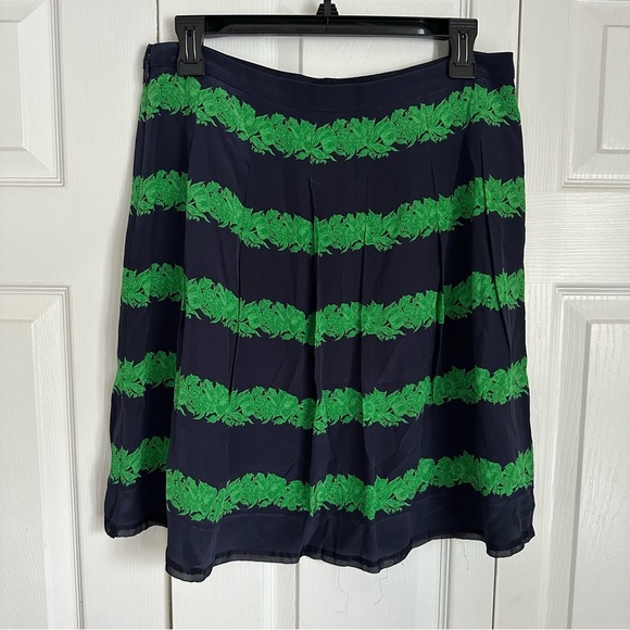 J.Crew Pleated Silk Skirt Navy Green Beanstalk Stripe Womens Sz 6 Office Preppy - Picture 1 of 12